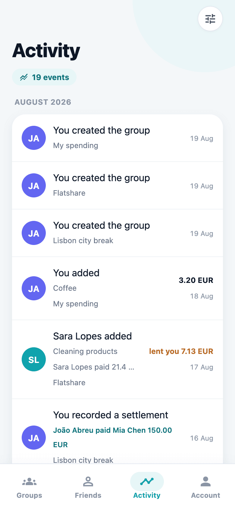 La pantalla de Actividad, con los cambios recientes en todos los grupos